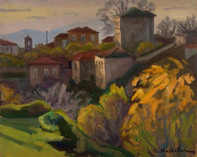 Portaria Evening, Sunset — Oil painting, Fiberboard, 40.00×50.00cm — Theodoros Markellos